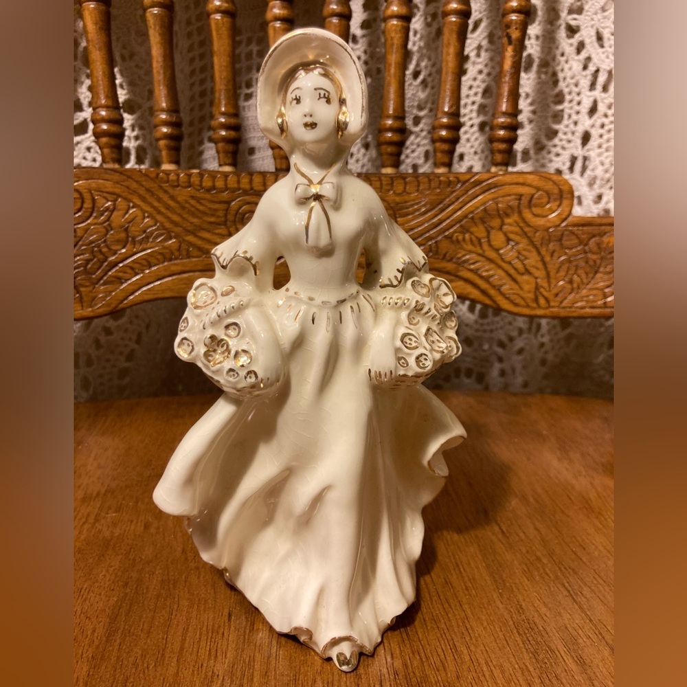 Vintage Gilded Lady With Floral Bouquet Baskets - Picture 1 of 14